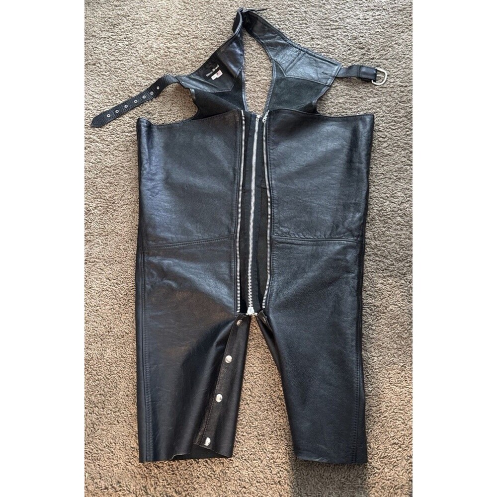 Steer Brand Leather Chaps Mens XL Black Motorcycle Riding Vintage Made In USA